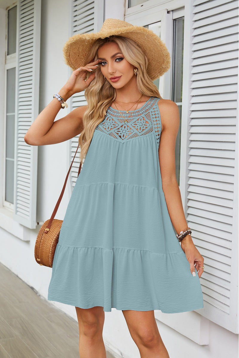 Hollow lace patchwork hanging neck A-line dress