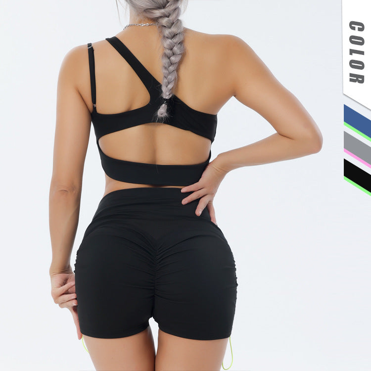 Yoga suit set, single shoulder bra, zipper, short sleeves, hip lifting shorts, long pants, fitness