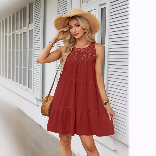 Hollow lace patchwork hanging neck A-line dress