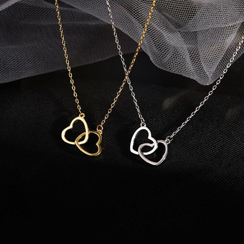 925 Sterling Silver Shiny double Heart love Zircon Circle Necklaces