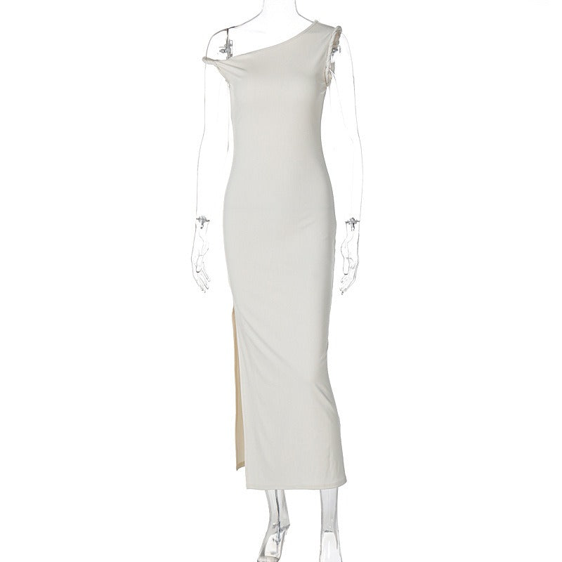 Fashionable and sexy slanted shoulder slim slit dress