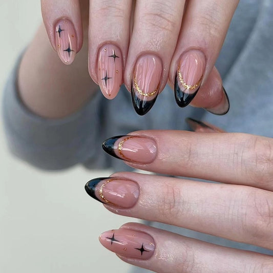 Black French Flash Gold Almond Nails Press On