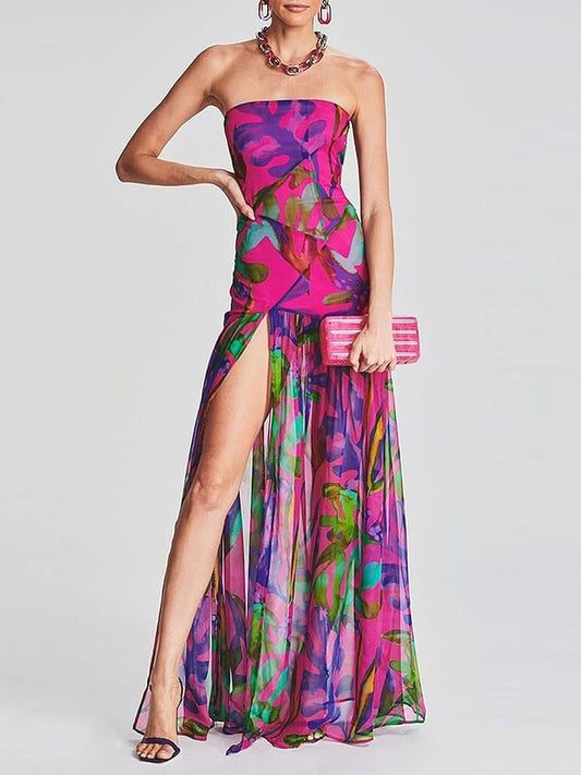 Chestless leopard print split mesh patchwork dress