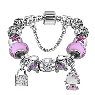925 Silver Kitty Cat Charm Bracelet Fit