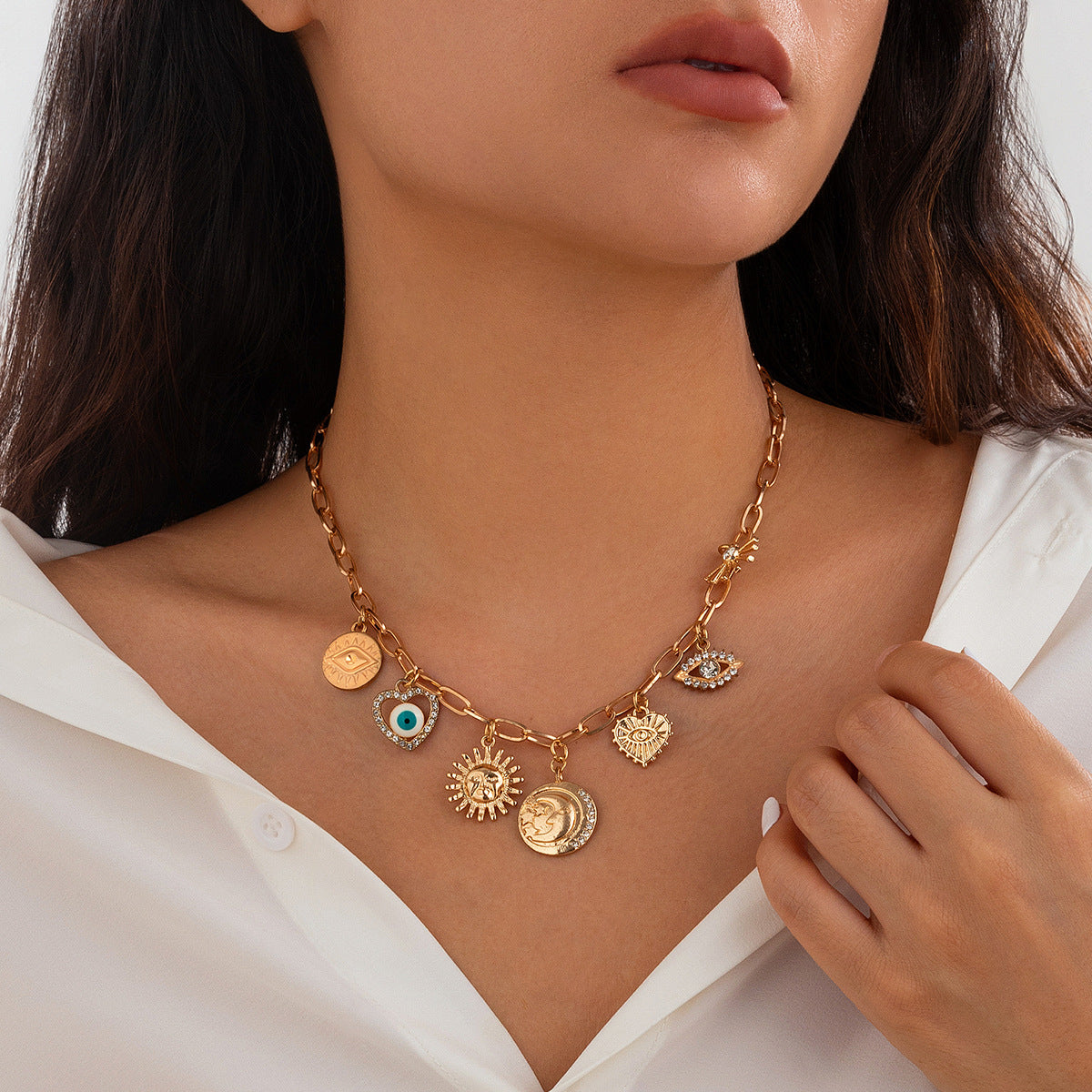 Fashionable Sun Set Zircon Necklace Women's Geometric Alloy Heart Shaped Tassel Collar Chain