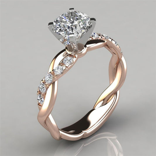 18k rose gold plated two-tone princess square diamond ring cross twist diamond ring