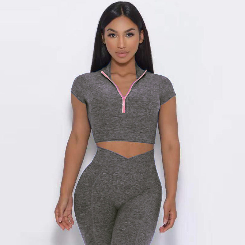 Yoga suit set, single shoulder bra, zipper, short sleeves, hip lifting shorts, long pants, fitness