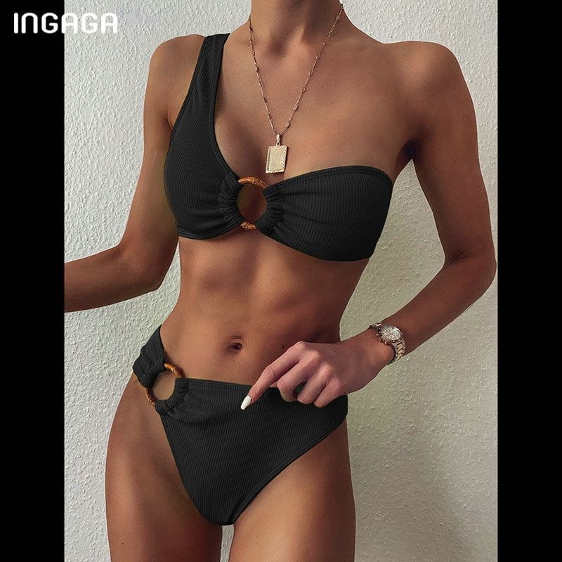 One Shoulder Bikini Women's Swimsuit High Waist Swimwear Sexy Rings