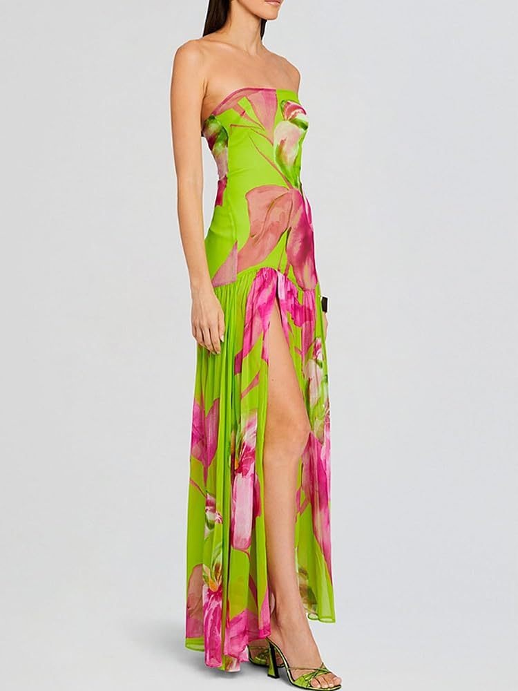 Chestless leopard print split mesh patchwork dress