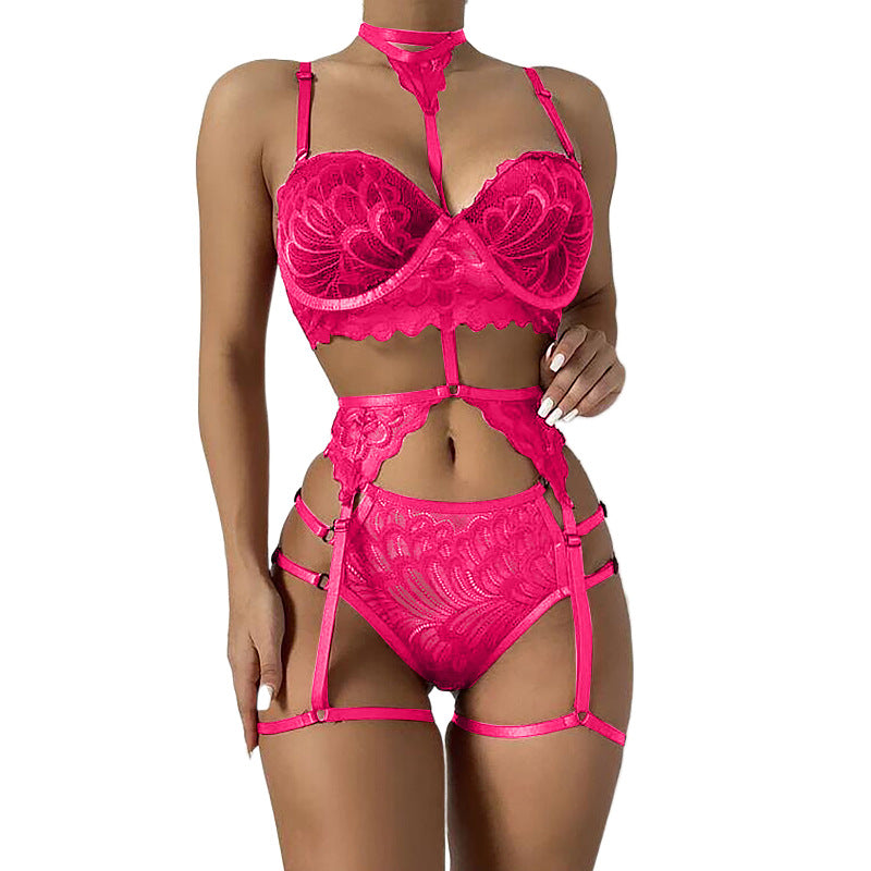 Sexy Tie Neck Garter Belt With Leg Loops Straps Three Piece