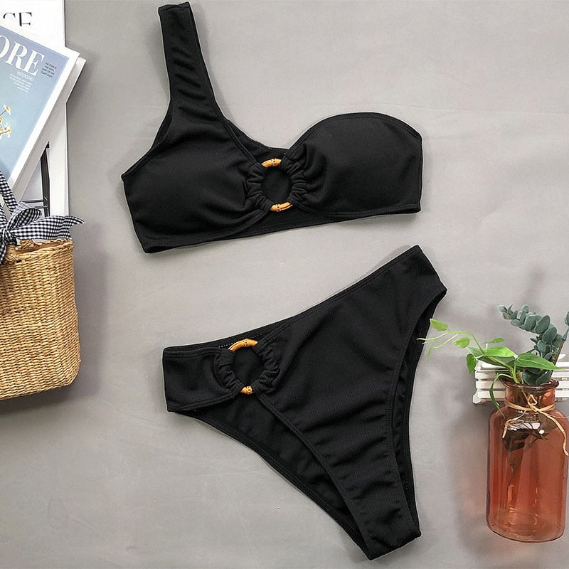 One Shoulder Bikini Women's Swimsuit High Waist Swimwear Sexy Rings