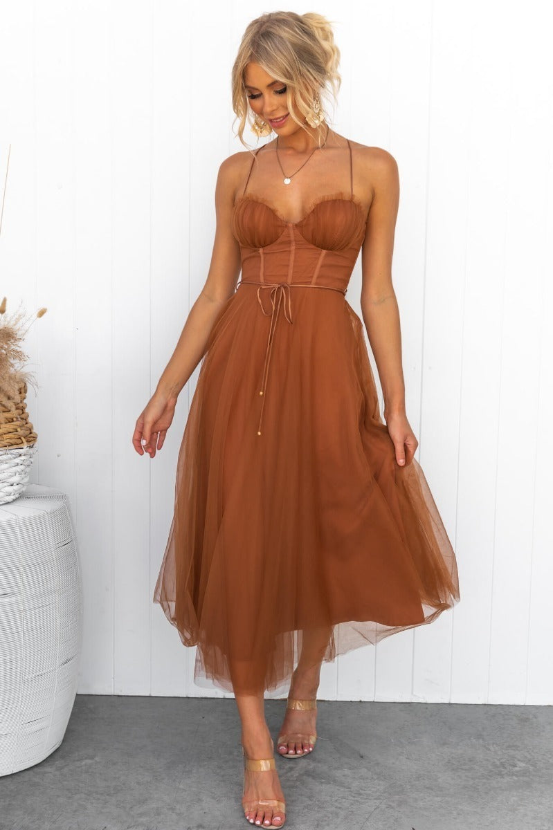 New Style Sexy Hanging Strap Mesh Party Evening Dress