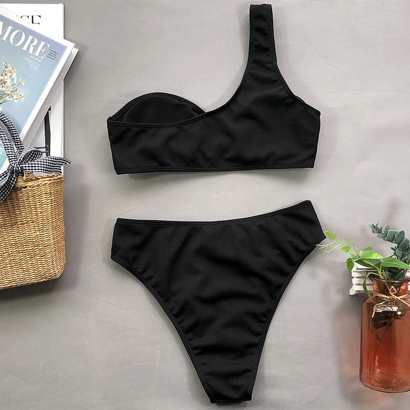 One Shoulder Bikini Women's Swimsuit High Waist Swimwear Sexy Rings