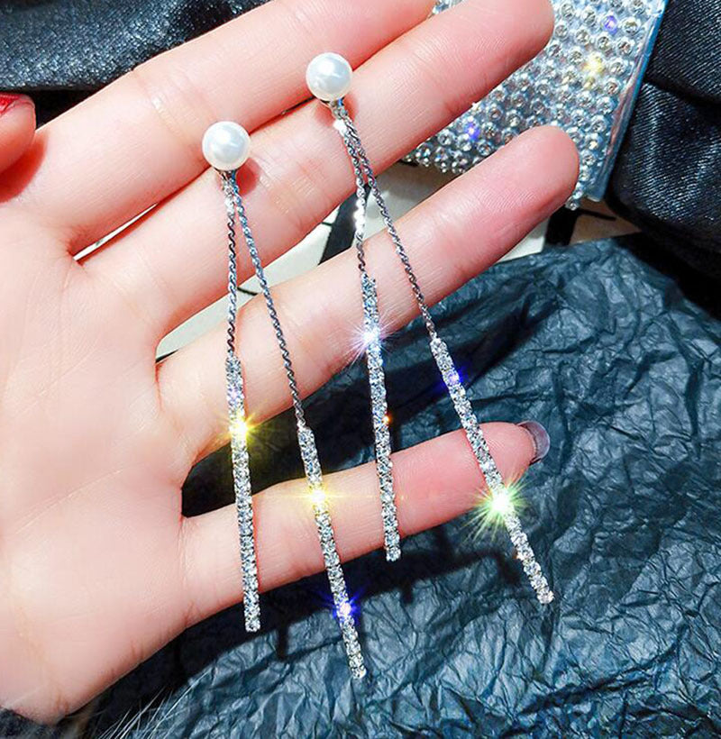 925 Silver Needle Long Tassel A Two-Pearl Stud Earrings