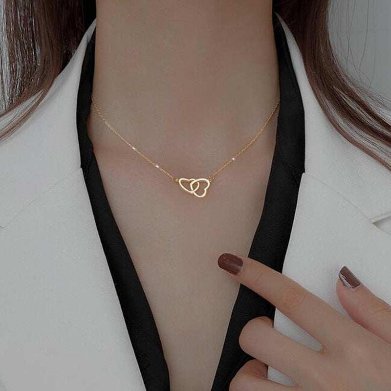 925 Sterling Silver Shiny double Heart love Zircon Circle Necklaces