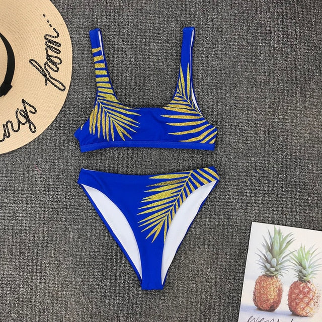 Sexy Print Bikinis Black Biquini Leaf Print Bikini Brazilian Micro Swimwear Women