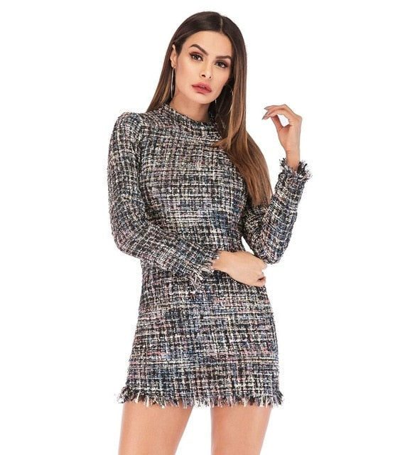 Spring Plaid Print Tassels Mini Dress Women Elegant