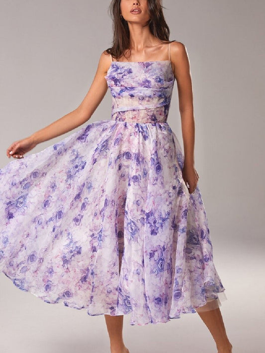 Strapless sleeveless printed large hem dress