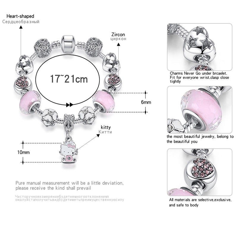 925 Silver Kitty Cat Charm Bracelet Fit