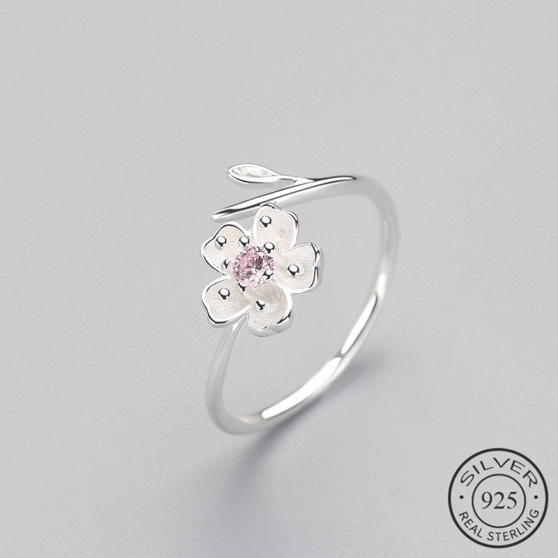925 Sterling Silver Zircon Enamel Plum Flower Adjustable Ring