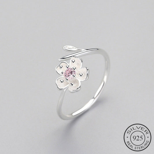 925 Sterling Silver Zircon Enamel Plum Flower Adjustable Ring