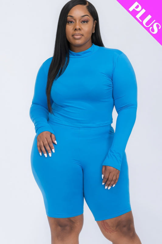 Plus Mock Neck Top &amp; Biker Shorts Set