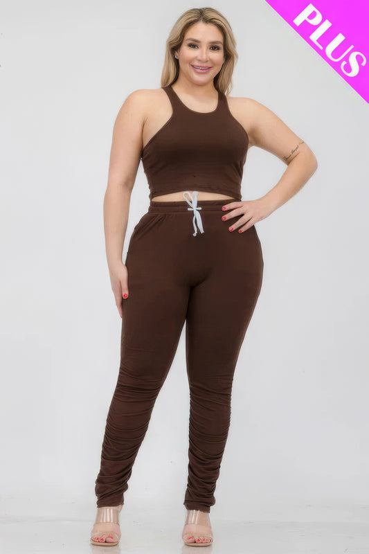 Plus Size Crop Tank Top &amp; Ruched Pants Set