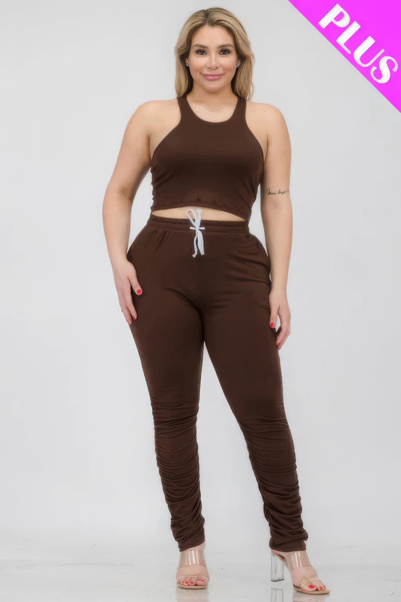 Plus Size Crop Tank Top &amp; Ruched Pants Set