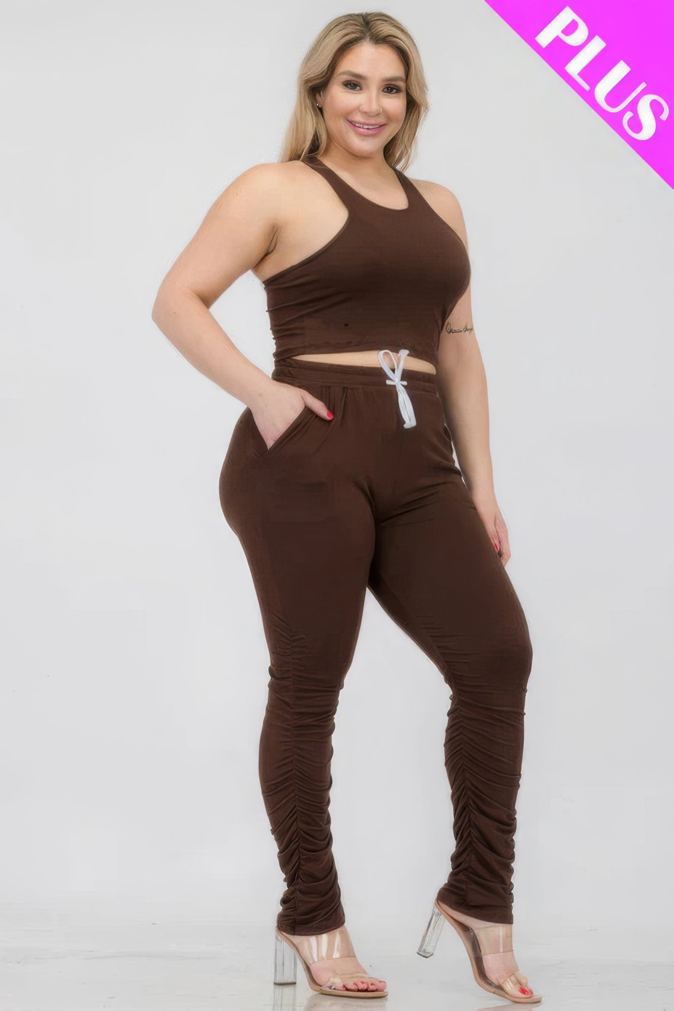 Plus Size Crop Tank Top &amp; Ruched Pants Set