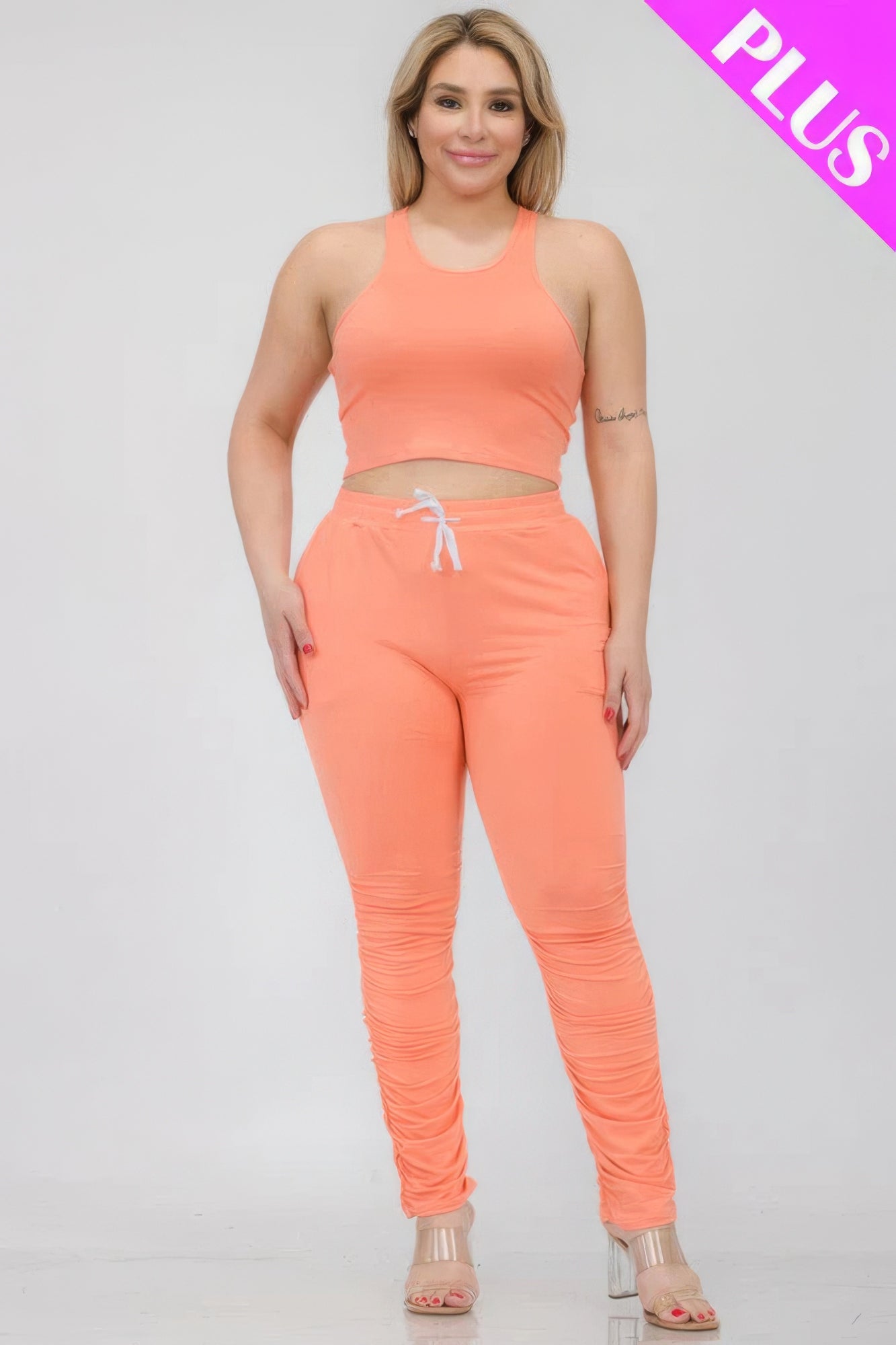 Plus Size Crop Tank Top &amp; Ruched Pants Set