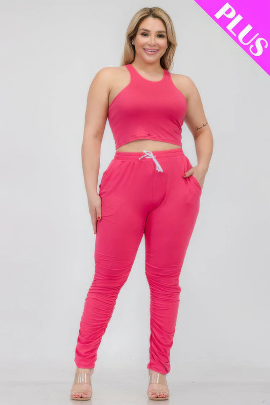 Plus Size Crop Tank Top &amp; Ruched Pants Set