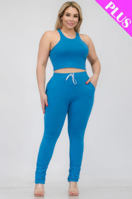 Plus Size Crop Tank Top &amp; Ruched Pants Set