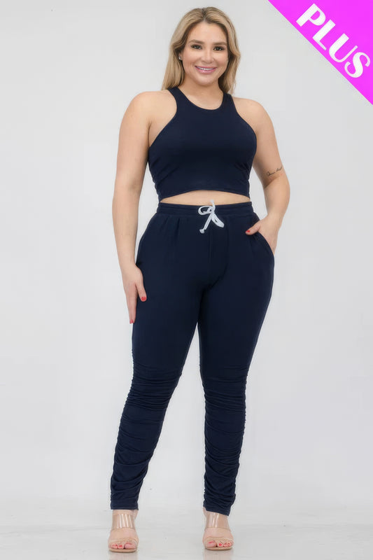 Plus Size Crop Tank Top &amp; Ruched Pants Set