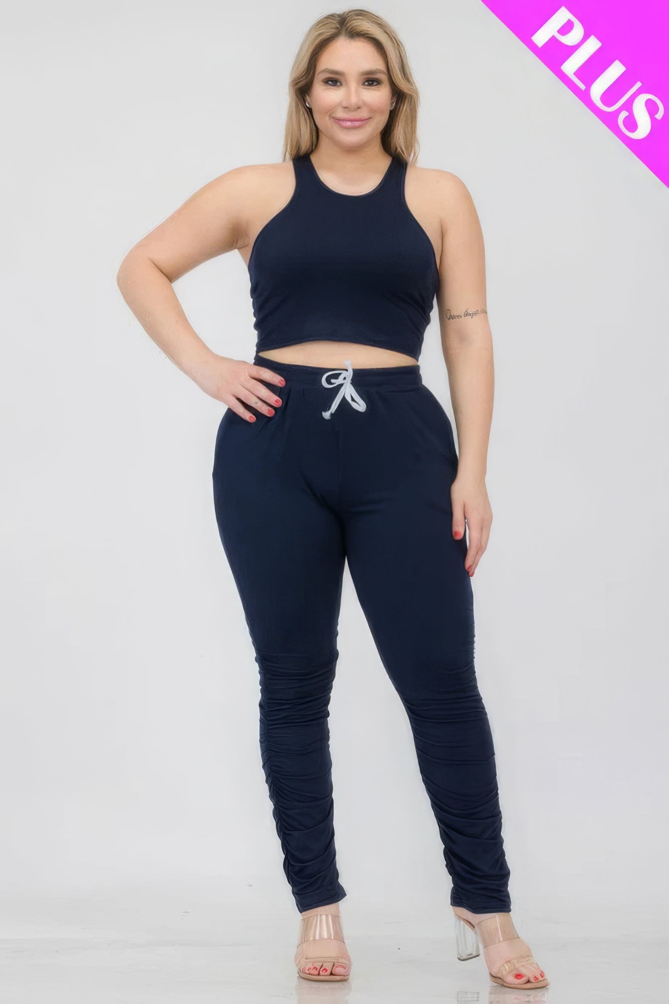 Plus Size Crop Tank Top &amp; Ruched Pants Set