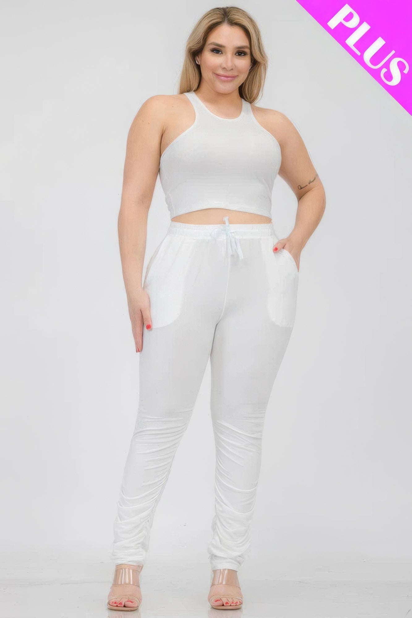Plus Size Crop Tank Top &amp; Ruched Pants Set