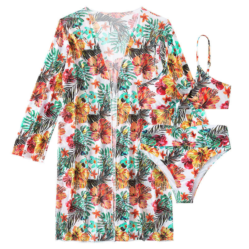 Long top split three piece printed sexy swimsuit women's bikini