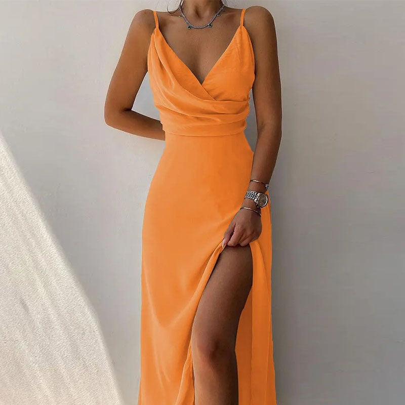 V-neck slit printed commuter dress with strap