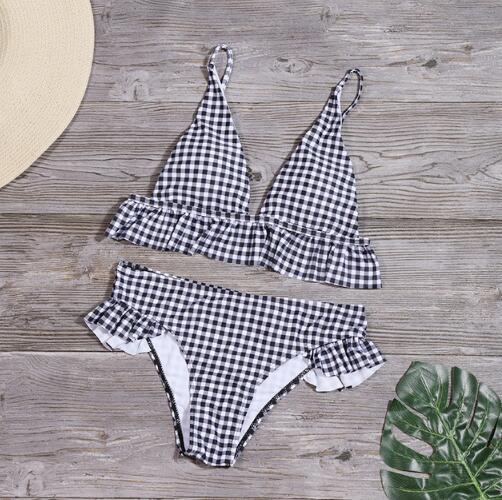 Bikinis Set Plaid High Waist Ruffle Women's Swimsuit Sexy Two Piece Bathing Suits