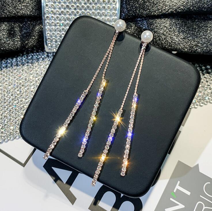 925 Silver Needle Long Tassel A Two-Pearl Stud Earrings