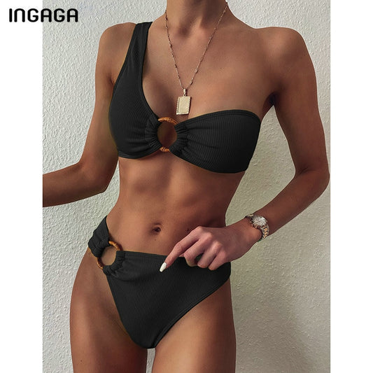 One Shoulder Bikini Women's Swimsuit High Waist Swimwear Sexy Rings