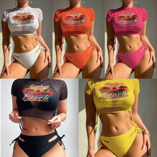 European and American bikini three piece swimsuit women's popular beach tie bikini swimsuit split swimsuit