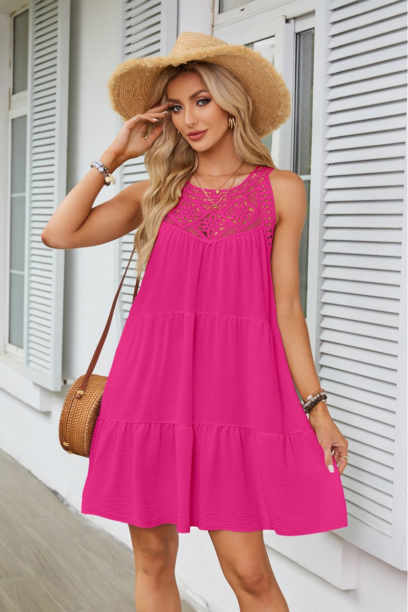 Hollow lace patchwork hanging neck A-line dress