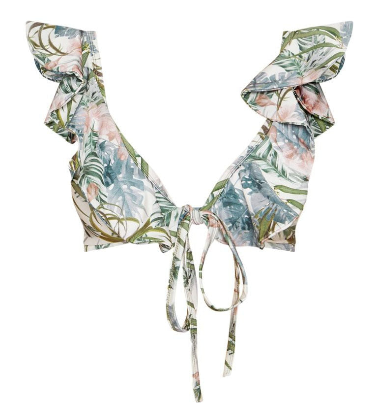 Leaves Print Bikinis  Ruffle Shoulder Swimwear Women Bikini Set Deep-V Bathing Suit Swimming Suits For Women