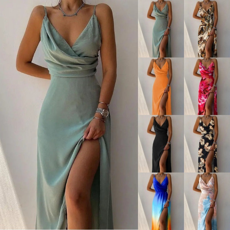 V-neck slit printed commuter dress with strap