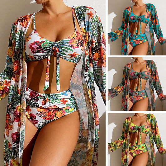 Long top split three piece printed sexy swimsuit women's bikini