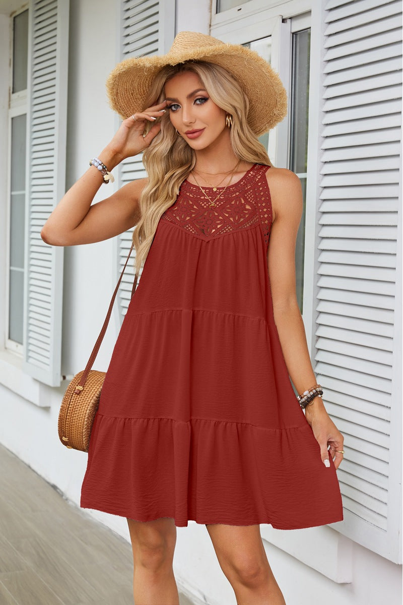 Hollow lace patchwork hanging neck A-line dress