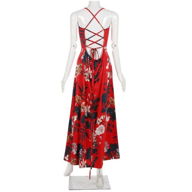 Red Floral Print backless summer dress Women