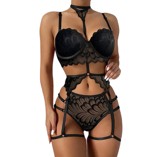 Sexy Tie Neck Garter Belt With Leg Loops Straps Three Piece