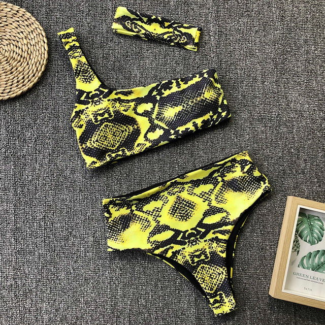 Swimsuit Women Push Up Bikini Swimwear High Waisted Snake Print Bikinis Swimming Suit One Shoulder Bikini With Headband