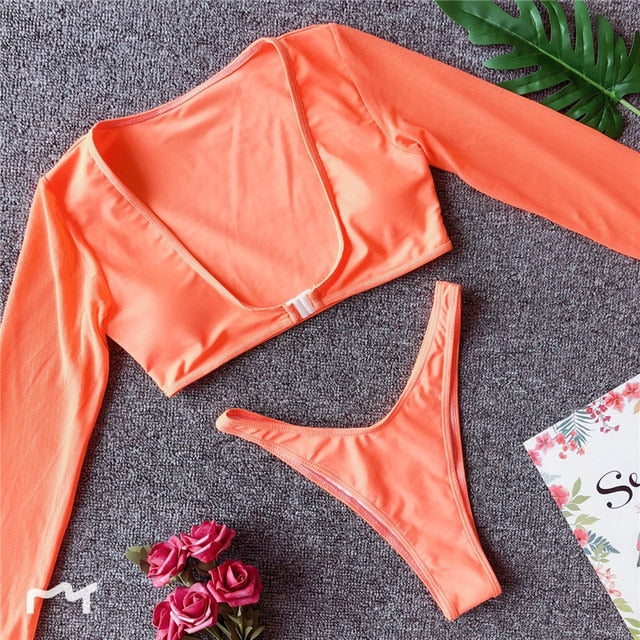 Long Sleeve Brazilian Bikini High Cut White Swimsuit